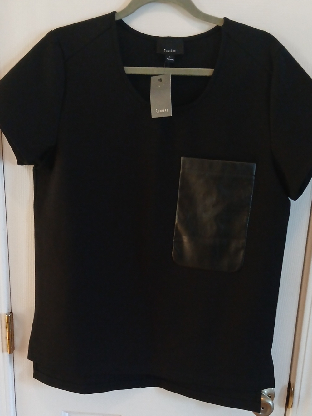 Lumiere Black Short Sleeve Top with Faux Leather Chest Pocket Size L